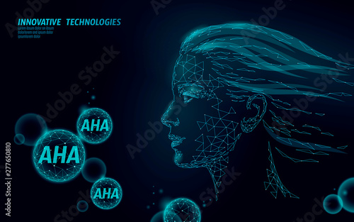 Fruit acid beauty salon peeling. Female face AHA glycolic lactic acids exfoliant anti-aging rejuvenation facial serum. Medical health skin treatment low poly polygonal sphere vector illustration