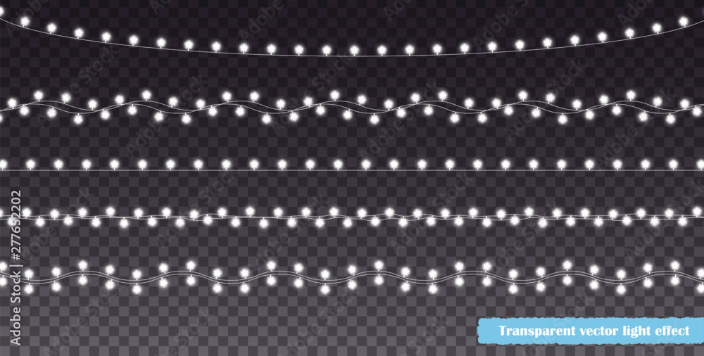 Christmas lights isolated on transparent background. New Year horizontal decoration with star bulbs. Glowing vector light effect.