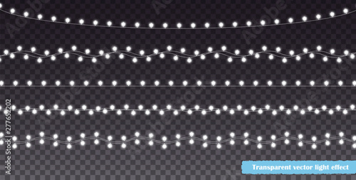 Christmas lights isolated on transparent background. New Year horizontal decoration with star bulbs. Glowing vector light effect.