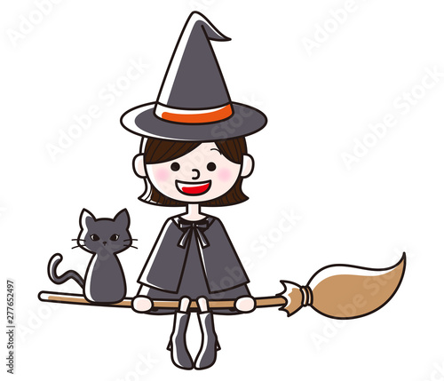 ほうきで飛ぶ魔女と黒猫