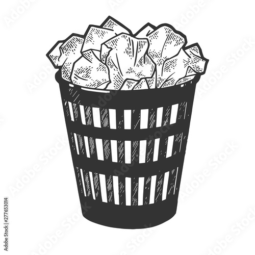 Trash can with paper documents sketch engraving vector illustration. Scratch board style imitation. Hand drawn image.