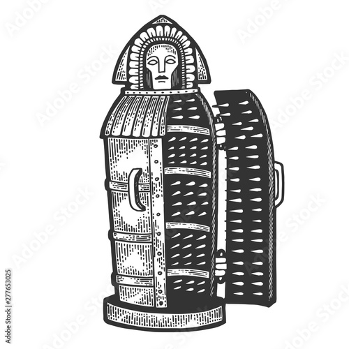 Iron maiden medieval torture device sketch engraving vector illustration. Scratch board style imitation. Hand drawn image.