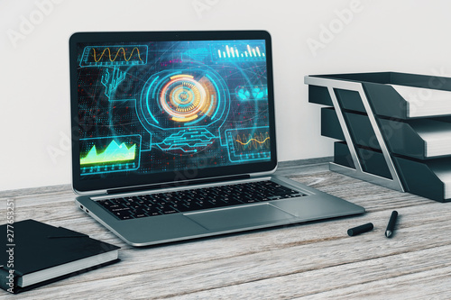 Laptop closeup with abstract tech drawing on computer screen. Technology innovation concept. 3d rendering.