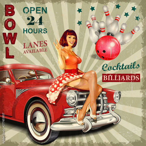 Bowling vintage poster with pin-up girl and retro car. photo