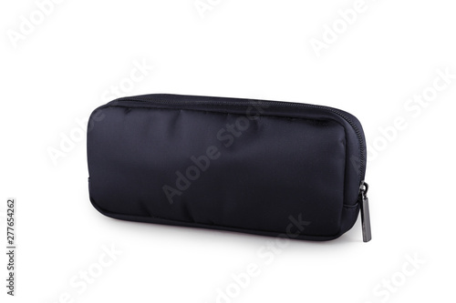 Black fabric cosmetic bag. Business Class amenity kit isolated on background
