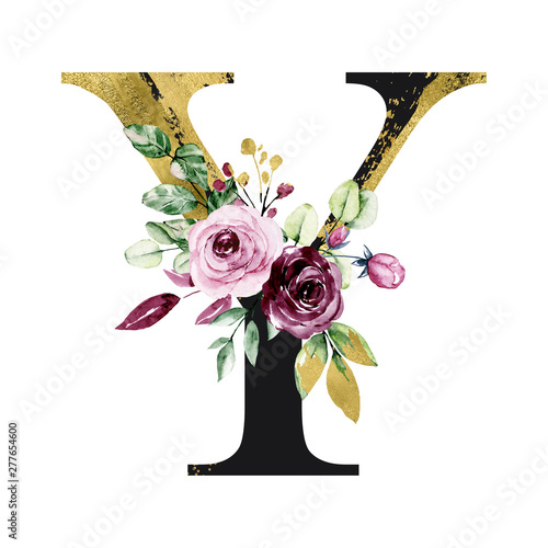 Floral gold alphabet, letter u with watercolor flowers and leaves. Monogram  initials perfectly for wedding invitation, birthday, greeting card and  other design. Holiday design hand painting. Illustration Stock