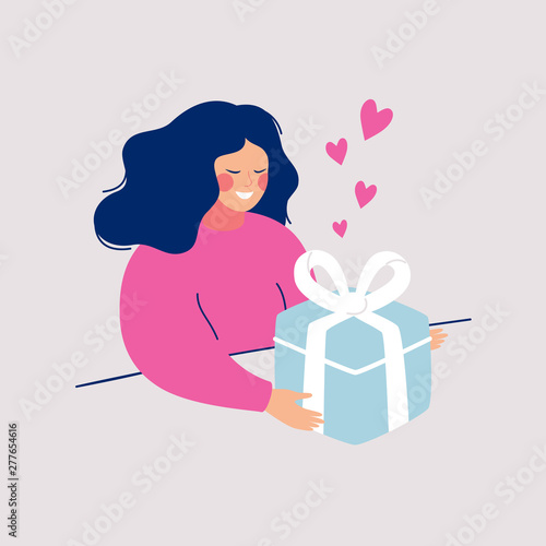 Cartoon young woman received present with love. Girl opens big gift surprise. Vector character illustration