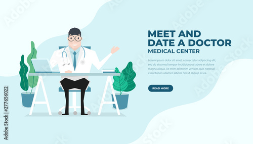 Doctor sat at the desk flat style. Practitioner doctor man in hospital medical office. Consultation and diagnosis. Medical and health care banner.