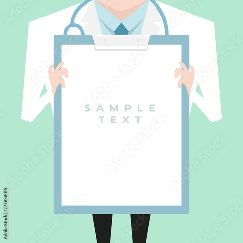Doctor with lab coat holding a clipboard showing a blank document.