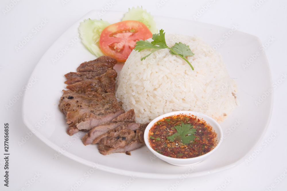 BBQ pork grill on rice in plate BBQ pork grill on rice in plate