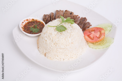 BBQ pork grill on rice in plate