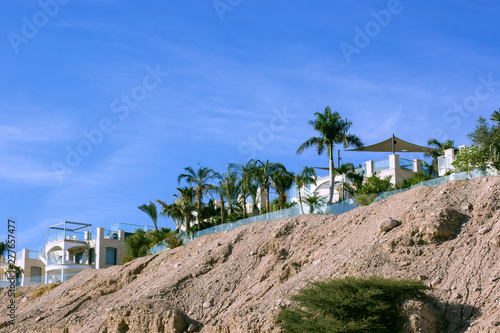 suburban street of living cottages houses scenic landmark with palm trees in gardens and empty blue sky background in Middle East dry desert landscape environment 