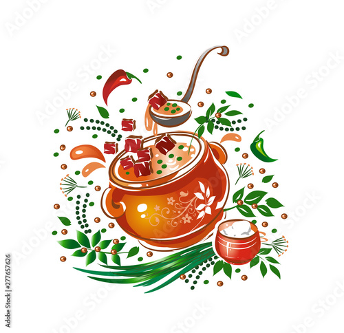 Meat goulash, herbs, and spices. Vector illustrations.