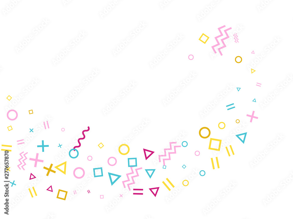 Small 80s style memphis pink blue yellow confetti flying scatter on white.