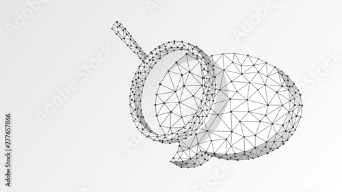 Magnifying glass on Chat bubble. Communication analysis, Dialogue cloud concept. Abstract, digital, wireframe, low poly mesh, Polygonal Raster white origami 3d illustration. Triangle line dot star