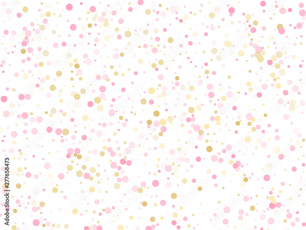 Gold, pink and rose color round confetti dots, circles scatter on white. Elegant bokeh background.