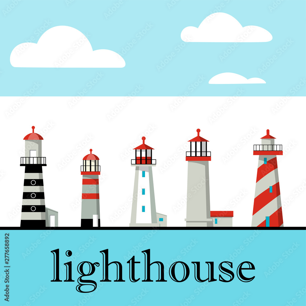 Set of cartoon lighthouses. Searchlight towers for maritime navigation