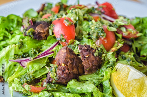Shish kebab with vegetable salad