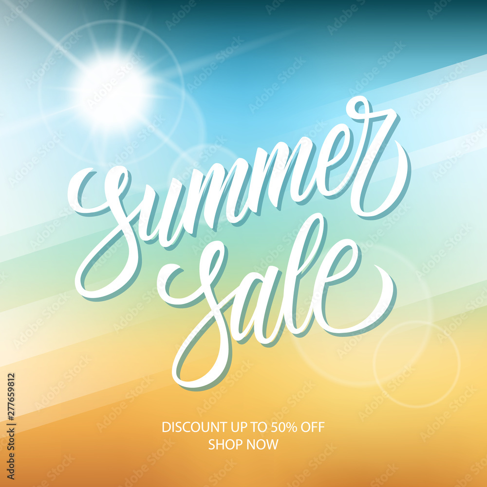 Summer Sale promotional banner. Summertime seasonal special offer background with hand lettering and summer sun for business, seasonal shopping, promotion and advertising. Vector illustration.