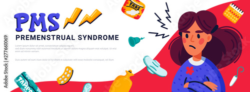 PMS horizontal banner concept. Woman suffering from premenstrual syndrome and related products such as sanitary pads and tampons. Flat style vector illustration.