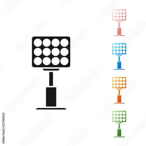 Black Bright stadium lights icon isolated on white background. Spotlight on a football field. Floodlight, light projector. Set icons colorful. Vector Illustration