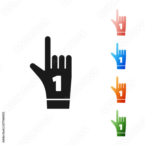 Black Number 1 one fan hand glove with finger raised icon isolated on white background. Symbol of team support in competitions. Set icons colorful. Vector Illustration