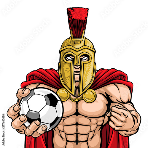 A Spartan or Trojan warrior Soccer Football sports mascot holding a ball