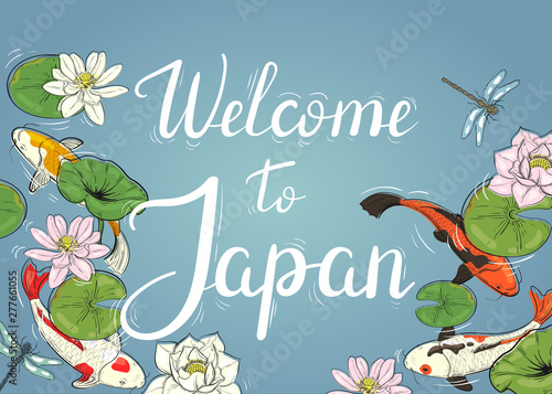 Welcome to Japan. Banner with koi and lotuses