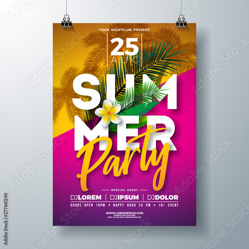 Vector Summer Party Flyer Design with Flower and Tropical Palm Leaves on Pink and Yellow Background. Summer Holiday Celebration Illustration with Exotic Plants and Typography Letter for Banner, Flyer