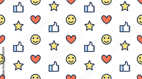 Feedback seamless pattern with flat line icons of thumbs up, like, star, happy customer. Simple background for client review, survey