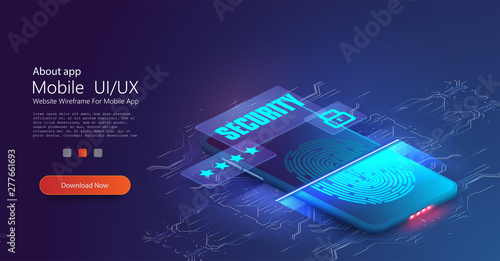 Abstract technology background. Cyber security concept. Fingerprint scanning. Mobile data security isometric vector illustration. Online payment protection. Vector illustration