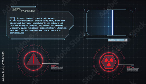 HUD UI GUI futuristic user interface screen elements set. High tech screen for video game. Sci-fi concept design. Scanning frame. Warning frame. Future virtual tech display. Vector illustration