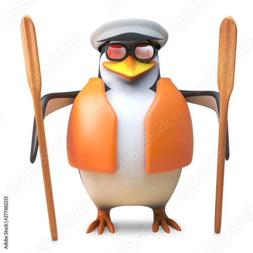 Cheeky sailor penguin in captains hat and lifejacket holding two oars, 3d illustration © Steve Young