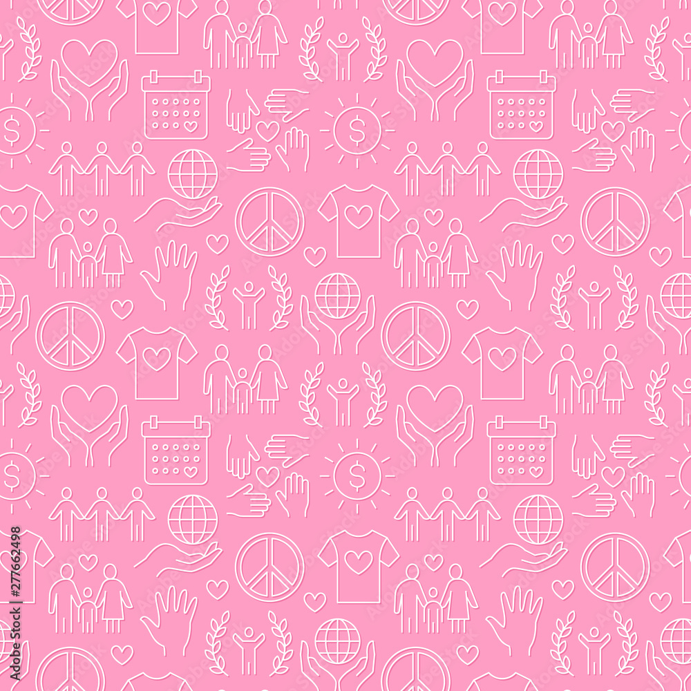 Charity vector seamless pattern with flat line icons. Donation, nonprofit organization, NGO, giving help illustrations. Pink white color background, wallpaper for donating, volunteer community poster
