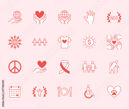 Charity flat line icons set. Donation, nonprofit organization, NGO, giving help vector illustrations. Outline signs pink red color for donating money, volunteer community
