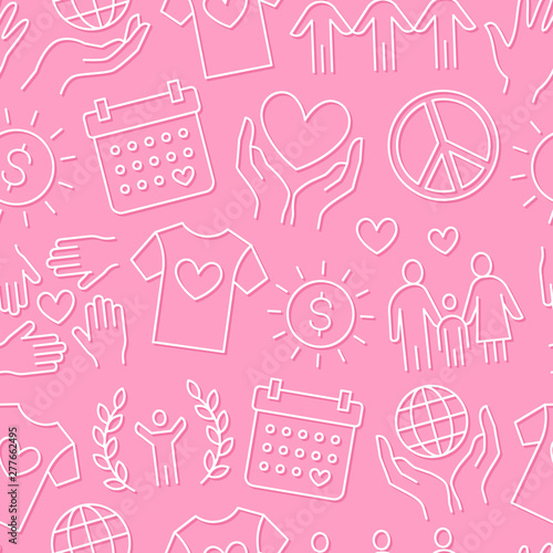 Charity vector seamless pattern with flat line icons. Donation, nonprofit organization, NGO, giving help illustrations. Pink white color background, wallpaper for donating, volunteer community poster