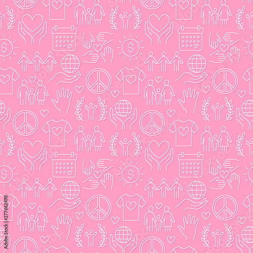 Charity vector seamless pattern with flat line icons. Donation, nonprofit organization, NGO, giving help illustrations. Pink white color background, wallpaper for donating, volunteer community poster