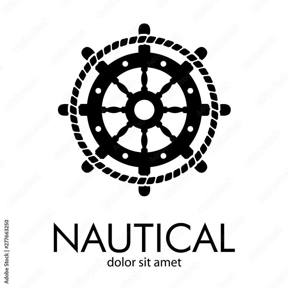 Logotipo abstracto con texto NAUTICAL con timón con cuerda en círculo en color negro Logotipo abstracto con texto NAUTICAL con timón con cuerda en círculo en color negro