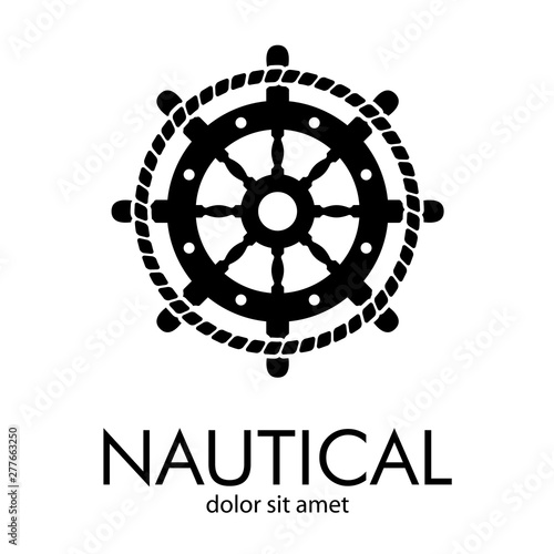 Logotipo abstracto con texto NAUTICAL con timón con cuerda en círculo en color negro