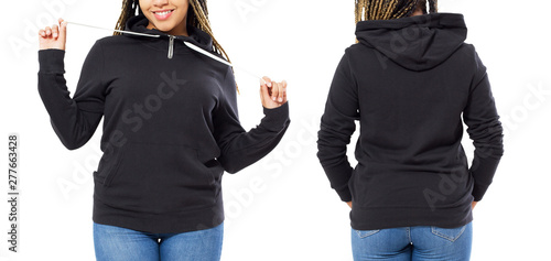 Front back and rear black sweatshirt view. Afro american girl show on template clothes for print and copy space isolated on white background. Mockup. Cropped image