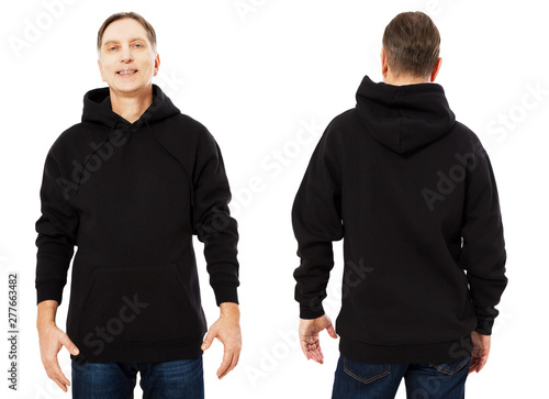 Happy man in template mens black hoodie sweatshirt isolated on white background. Man in blank black sweatshirt hoody with copy space and mockup for design logo print, Front and back view.