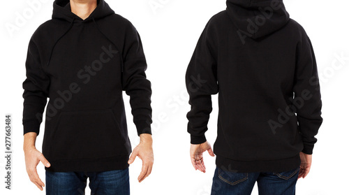 Black male sweatshirt set template isolated. Man sweatshirts set with mockup and copy space. Hoody design. Hoodie front and back view. Closeup