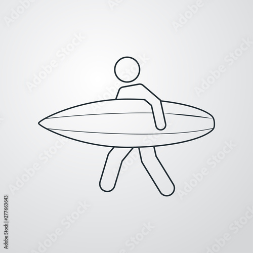 Icono plano lineal surfista con tabla en fondo gris