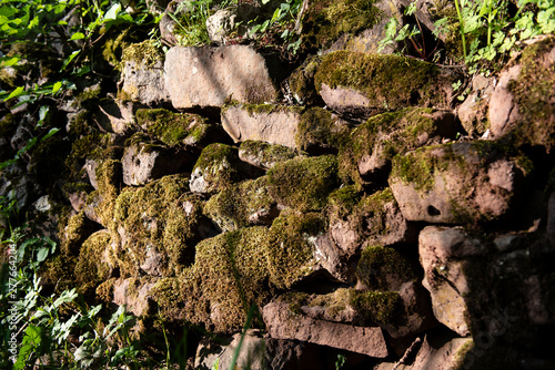 Handmade stone wall covered in green moss.
