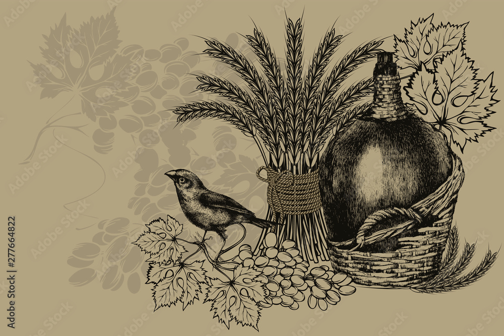 custom made wallpaper toronto digitalBottle of wine in a basket and wheat, sitting bird with grapes. Vintage background, vector illustration.