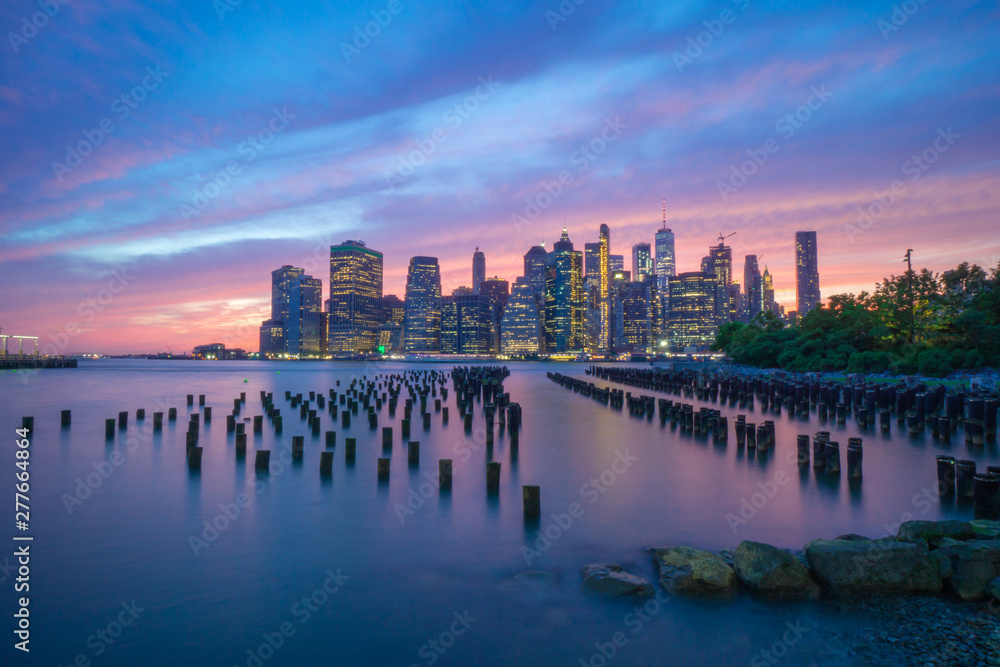 Colorful Blue & Pink New York City Skyline Sunset from Brooklyn Bridge Park