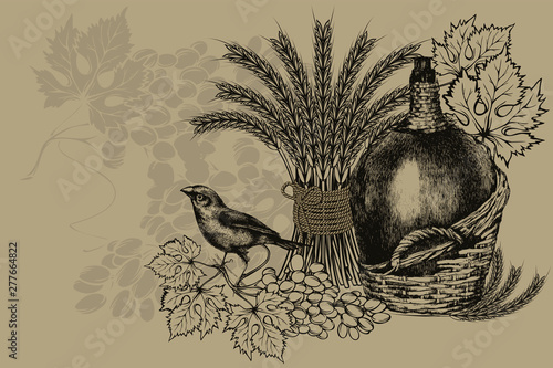 Wallpaper Mural Bottle of wine in a basket and wheat, sitting bird with grapes. Vintage background, vector illustration. Torontodigital.ca