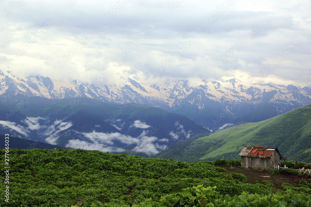 View of a mountain valley near the village of Mestia in the Upper Svaneti region, Georgia.
