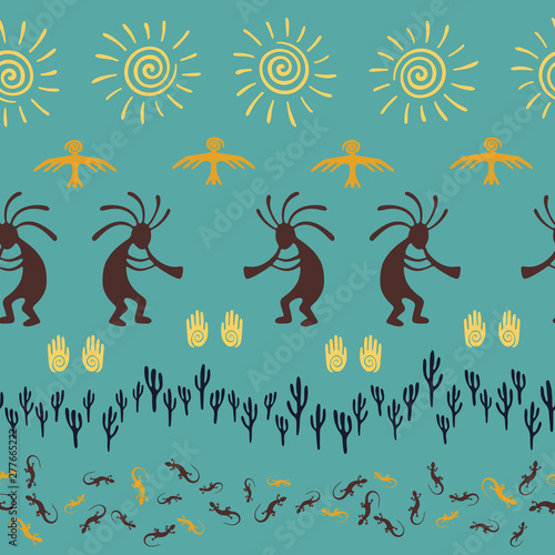design with trickster god, swirl icons on human palm, sun, eagle.
