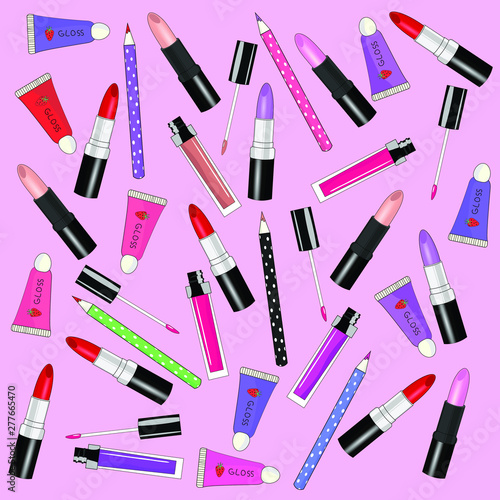 Vector illustration. Colorful, cute pattern with different cosmetics, such as lip stick, lip gloss, lip pencil. Light pink background. 